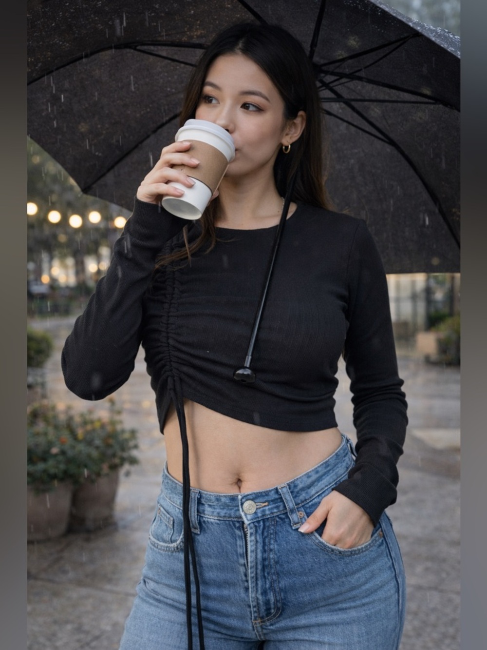 Black Ruched Long Sleeve Crop Top